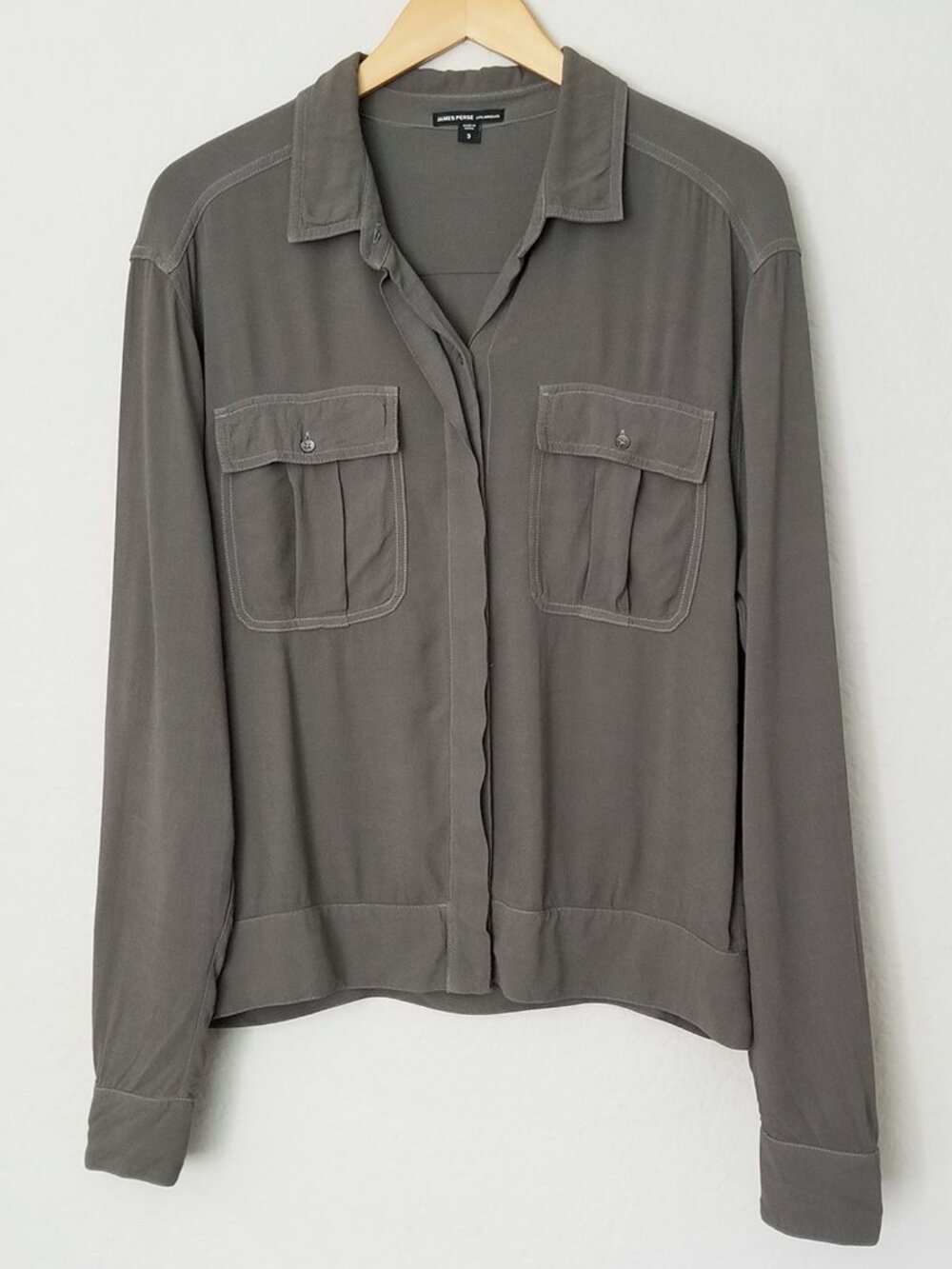 James Perse Button Down Long Sleeve Viscose Crepe Utility Shirt Top L WTS3915